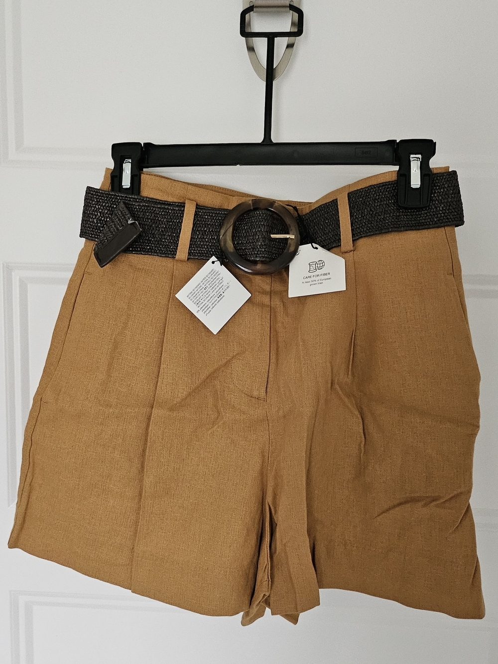 Zara Tan High-Waist Linen-Blend Shorts with Woven Dark Brown Belt